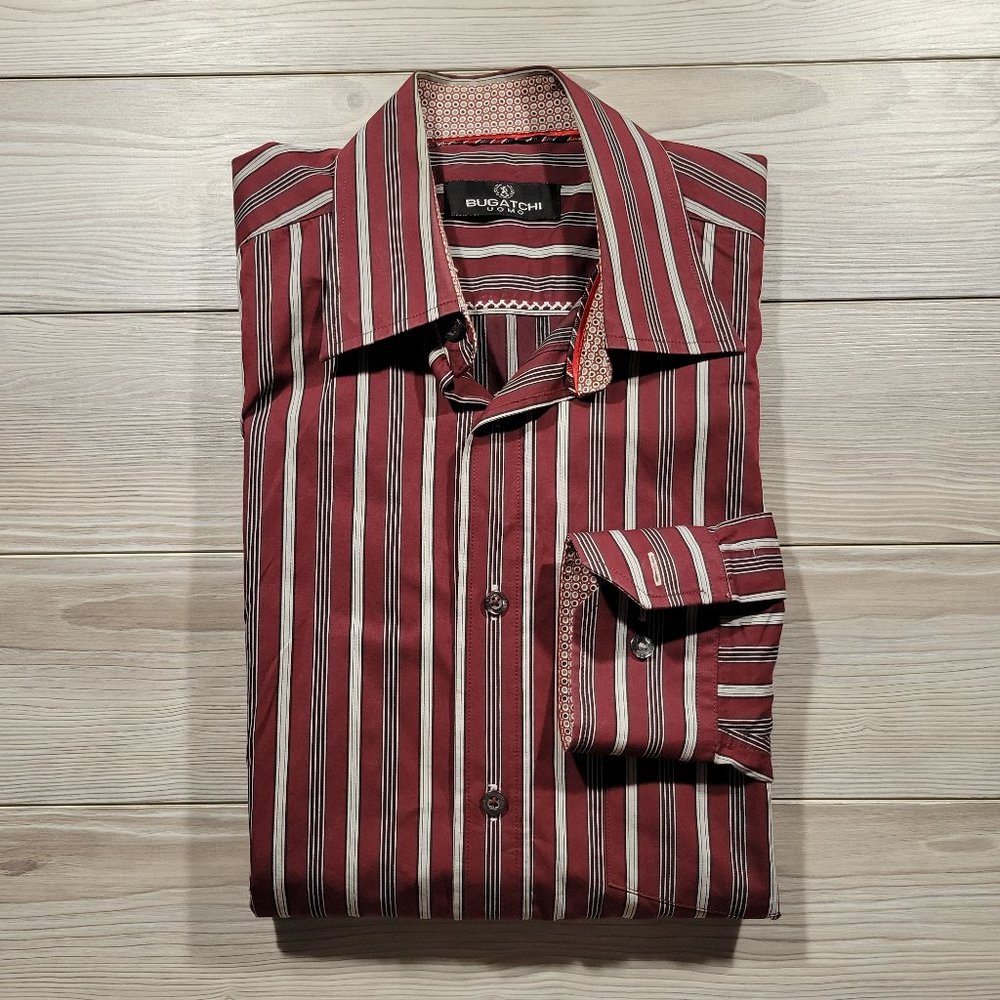 Bugatchi Uomo Red Vertical Striped Long Sleeve Button Down Shirt Men's Size M